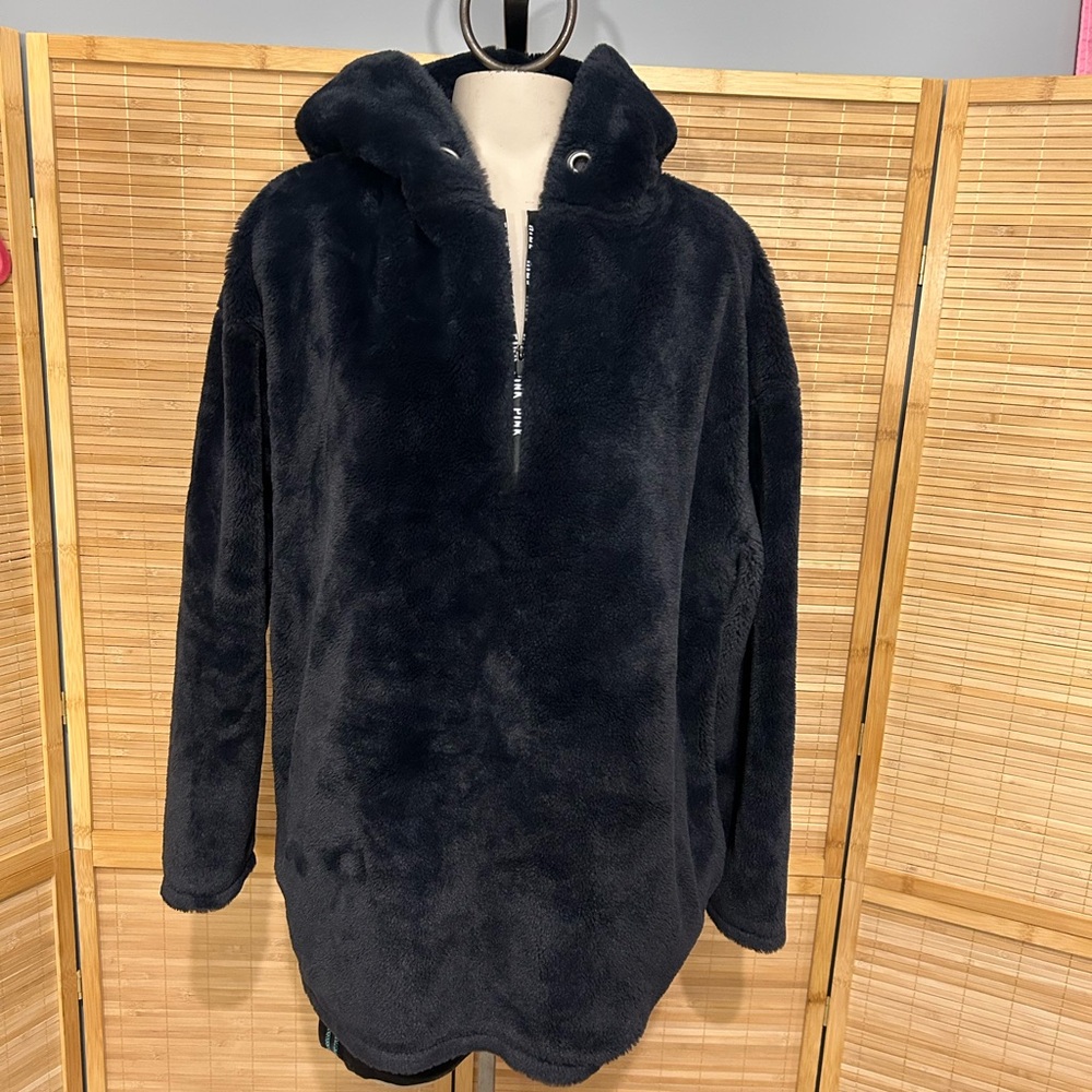 Victorias Secret Pink Campus Hoodie Faux Fur Half Zip Pullover Black top M
